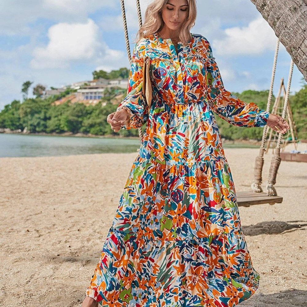 Multicolor Boho Womens Floral Print Lantern Sleeve Dress Without Belt - Picture 5 of 5